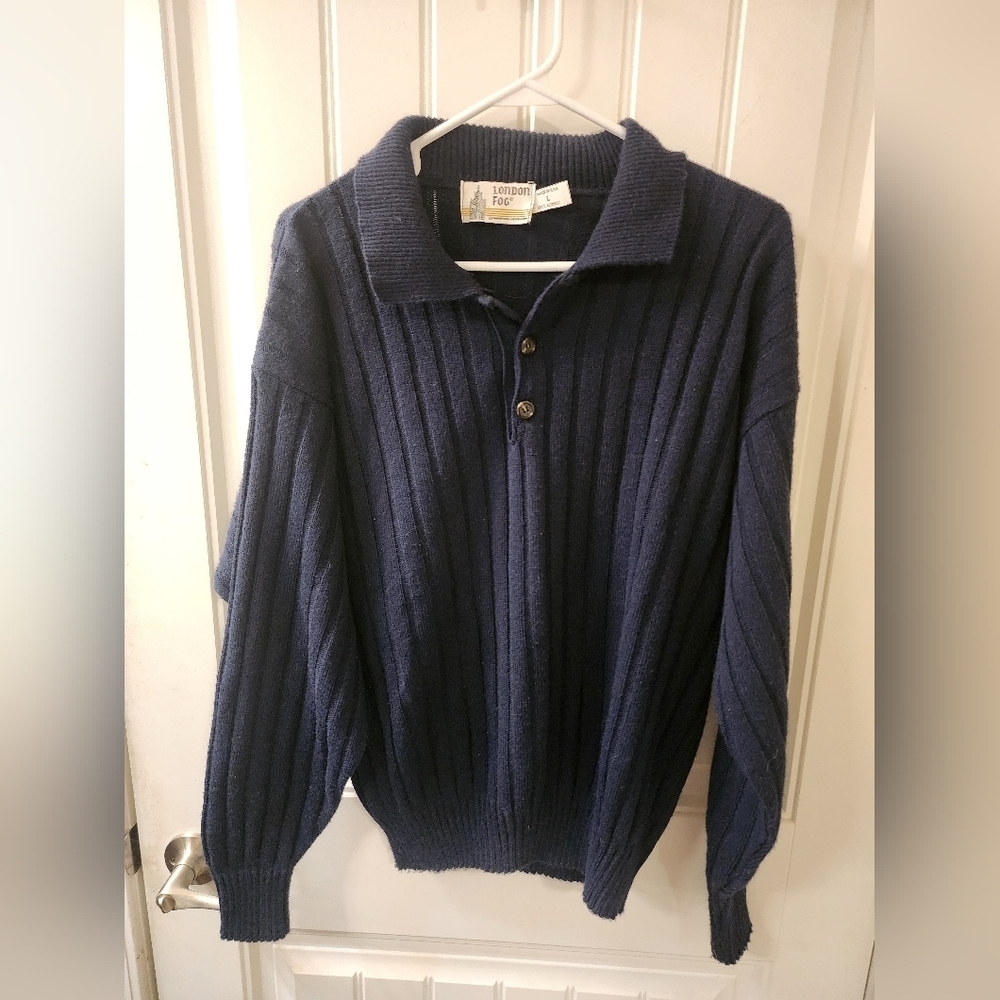 Vintage London Fog Ribbed Knit Sweater | Button Neck | Navy | Large